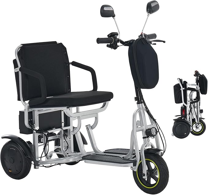3-Wheel Folding Mobility Scooter Foldable Lightweight Electric Scooter for Adults & Seniors, Detachable Lithium Battery, Long Range 28 Miles, 3-Speed, with Rearview Mirror & Turn Signal (Silver)