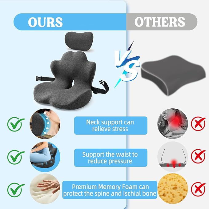 3-in-1 Memory Foam Seat Cushion & Headrest Pillow with Lumbar Support L-Shaped Ergonomic Driver Seat Cushions Design for Sciatica and Tailbone Pain Relief Comfort for Car, Truck,Office,Chair