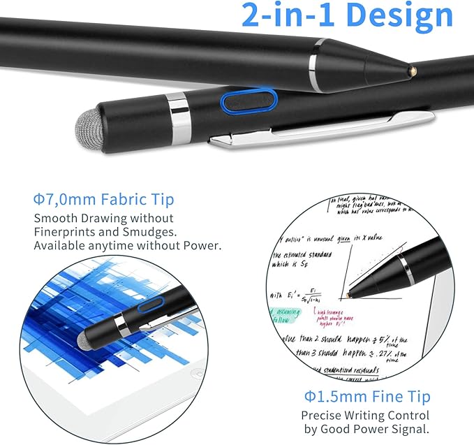 Stylus Pen for iPhone 16/15/14/13 Pro Max, Digital Pencil with 1.5mm Ultra Fine Tip with High Precision, 2-in-1 Fabric Magnetic Cap Pen Good for Drawing and Writing, Black