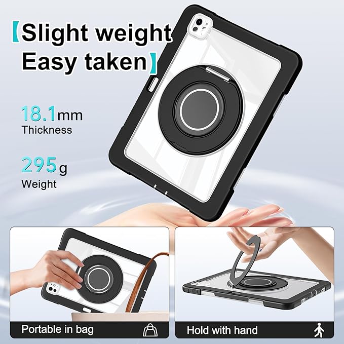 Dteck for iPad Pro 11 inch (M4/M5) 2024/2025 Release Shockproof Clear Case with Stylus Pencil Holder/Rotating Kickstand/Swivel Handle, Lightweight Protective Slim Transparent Tablet Cover Shell, Black