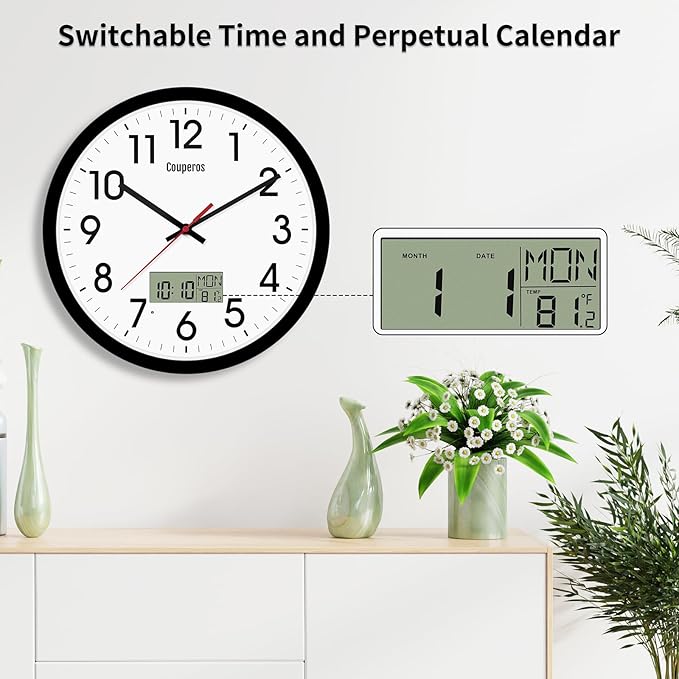 12 Inch Digital Wall Clock with Lighted LCD Display Temp, Week, Switchable Time and Perpetual Calendar, DST Function, Silent Battery Operated Analog Black Clock for Bedroom Office Classroom