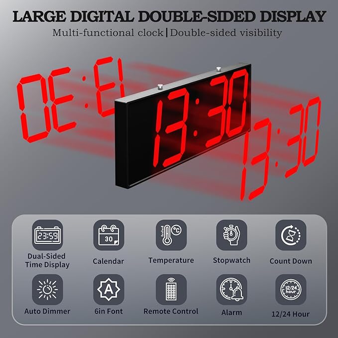 CHKOSDA 19.5'' Large Digital Wall Clock with Double Sided Display,Multi-Functional LED Hanging Digital Clock with Adjustable Brightness,Suitable for Offices, Warehouses, Corridors (Red)