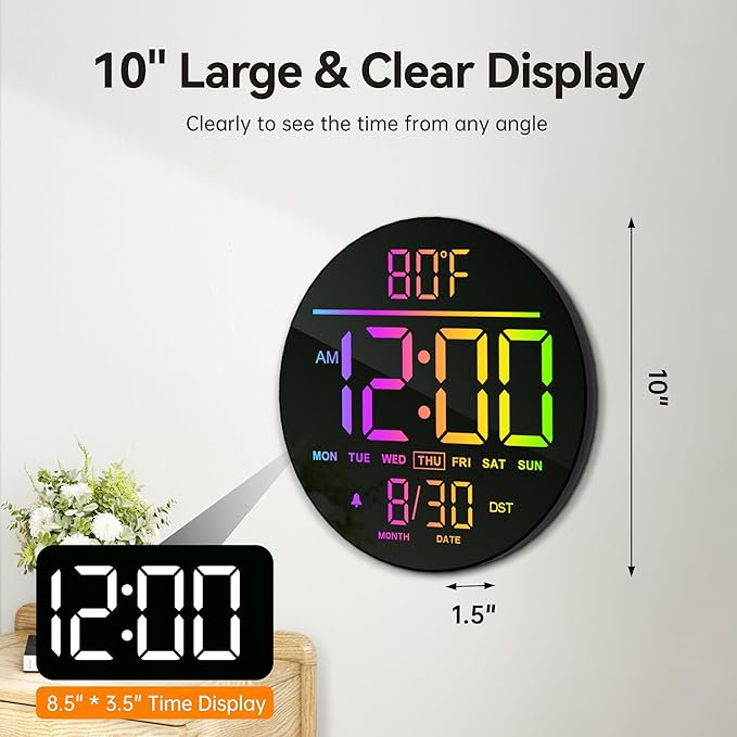 JALL 10" Large Digital Wall Clock with Seconds, Alarm Countdown Timer, Big LED Display, RGB Color, DST, Temperature, Mounted for Bedroom Living Room Office Classroom Gym, Xmas Birthday Gift, Blue