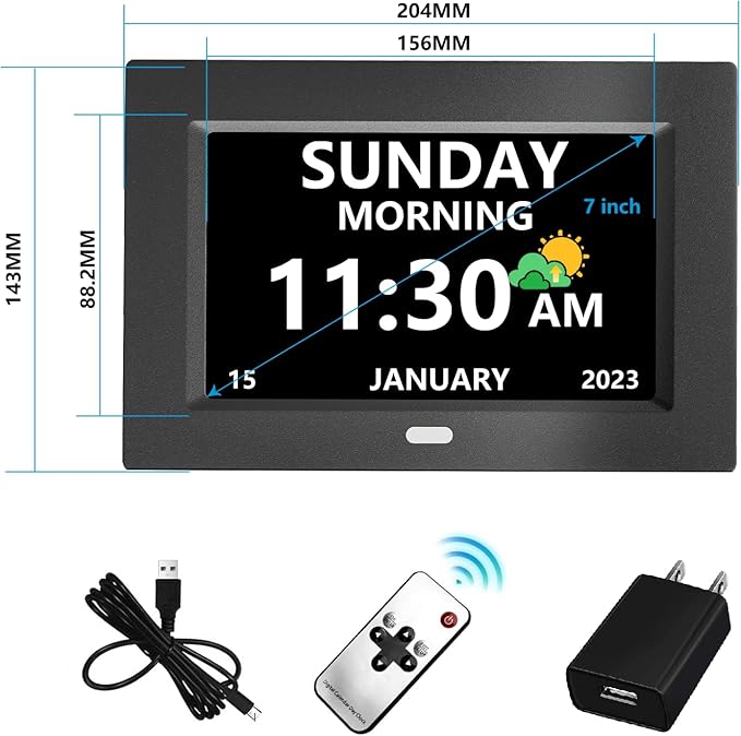 MRCHYDZ 7 Inch Clock with Day and Date for Elderly Large Display Digital Clocks 12 Alarms 3 Display Modes Large Font Alzheimer's Clock Alarm Clocks for Seniors Auto DST Black