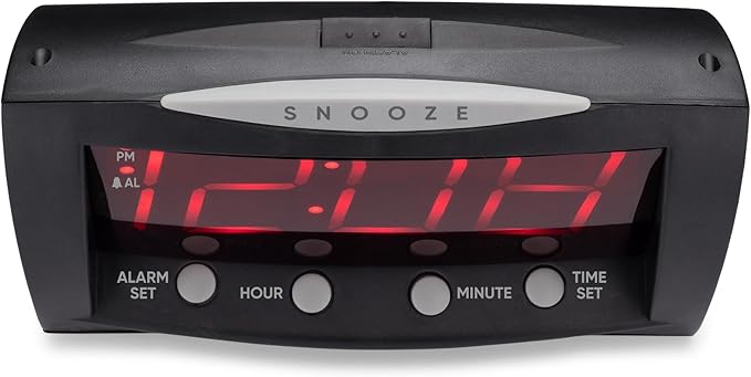 Westclox Digital Alarm Clock for Bedroom or Office, Large 1.8" Red LED Display with Oversized Snooze Bar, Corded with Battery Backup, (Black, 8-Inch)
