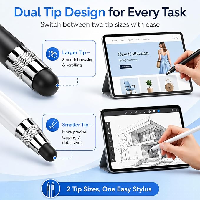 HATOKU 2 Packs Stylus Pen for iPad & Touchscreen Devices (Black & White), Dual Tip Rubber Stylus, No Bluetooth/No Charging, High Sensitivity Capacitive Magnetic Pencil for iPad iPhone Android Tablets