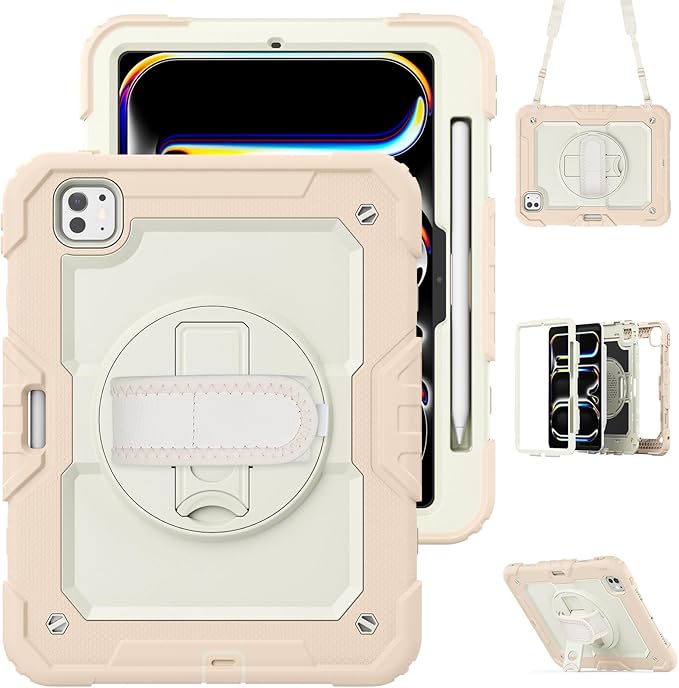 Dteck for iPad Pro 11 inch (M4/M5) 2024/2025 Release Shockproof Case with Screen Protector/Stylus Pencil Holder/Rotating Kickstand/Grip Hand Strap, Heavy Duty Protective Rugged Tablet Cover, Pink