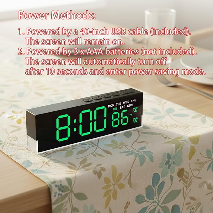 45MinST 7-Inch LED Digital Alarm Clock with Bottom Glow Light｜Displays Time, Date, Day, Temperature｜Dual Alarms, DST, Auto/Manual 3-Level Brightness, Battery or USB Powered Desk Clock,Green
