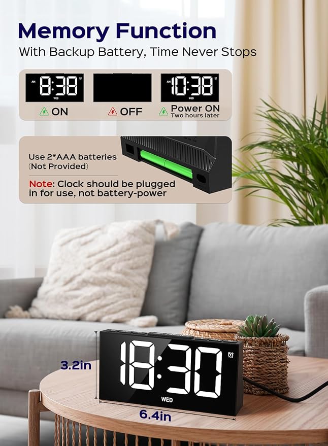 GOLOZA Digital Alarm Clocks for Bedrooms, Digital Clock with 4 Level Brightness +Off, Dual Customizable Alarms, USB Port, Power-Off Memory, Snooze, DST, 12/24H, Desk Clock for Kids Adults Elderly