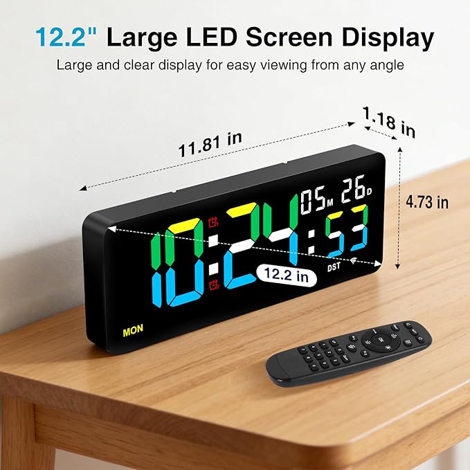 XREXS 12.2 Inch Digital Wall Clock WiFi Sync with Remote Control, Large LED Screen with Time/Calendar/Seconds Display, Count Up & Down Timer, 2 Alarm Clock for Home, Office and Classroom