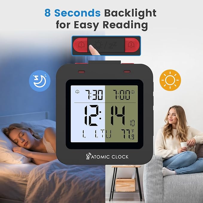 Small Digital Atomic Alarm Clock for Bedroom, 3.15 Inch Portable Travel Clock with Dual Alarms and Snooze, Indoor Temperature, 8s Backlight, Battery Included, Black