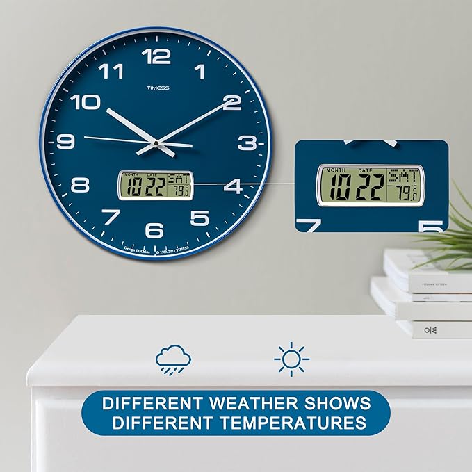 TIMESS Wall Clock, 14" Large Dial Non-Ticking Silent Battery Operated Analog with LCD Display for Perpetual Calendar and F° Temperature, Ideal Modern Home, Bedroom, Kitchen, Office Decor (Blue)