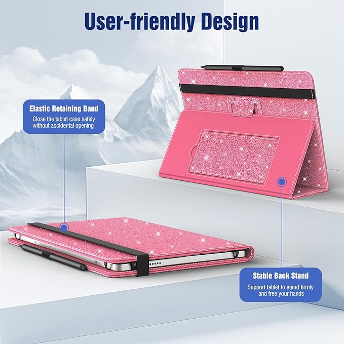TiMOVO Universal Case for 10.1 Inch Android Tablet with Pen Loop, Lightweight Folding Stand Cover with Hand Strap for All 9.6"-11" Touchscreen Tablet, Glitter Watermelon Red