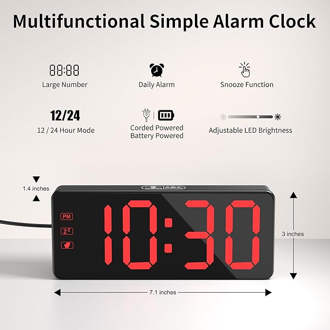 KWANWA Digital Alarm Clock with Backup Battery & 59" UL-Certified Charger - 3-Level Dimmer, Auto Night Mode, 2.4" Bold LED Display, Upgraded Buttons, Clock for Bedroom/Travel/Camping