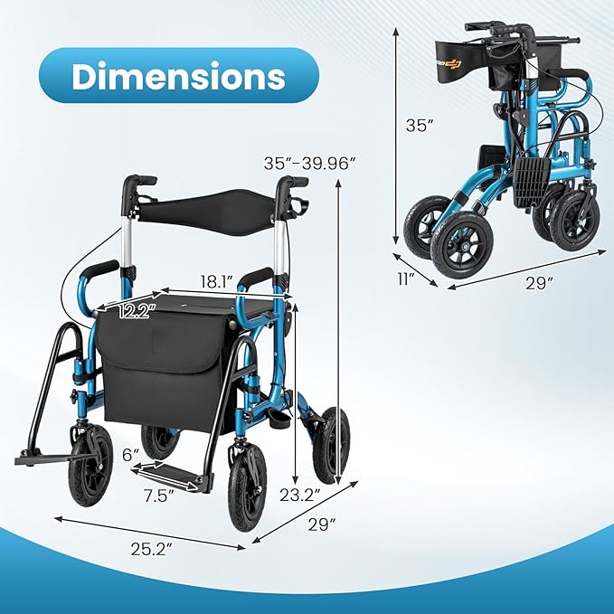 Goplus Walkers for Seniors with Seat, 2 in 1 Folding Rolling Rollator Walker & Wheelchair Combo with Brakes, 9" Pneumatic Tires for All Terrain, Aluminum Adult Mobility Walking Aid