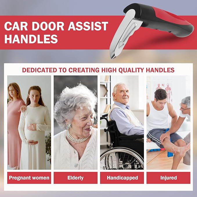 2 Pcs Car Assist Handle for Elderly, Multifunction Car Door Handle Assist, Vehicle Support Handles Seatbelt Cutter Portable Automotive Car Handle Assist Car Emergency Tool for Handicap (Red)