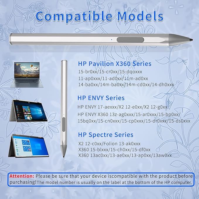 Stylus Pen for HP Envy X360 Pavilion X360 Specter X360 Spectre X2 Envy X2 Rechargeable MPP 2.0 Tilt Active Pen with 4096 Pressure Sensitivity, Palm Rejection, Magnetic Attachment Function, Silver