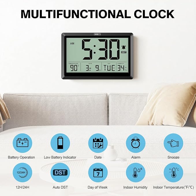 XREXS 10.4 Inch Digital Wall Clock, Battery Operated Large Display Clock, Digital Calendar with Indoor Temperature/Humidity/Date/Day, Auto DST for Classroom, Livingroom, Office(No Backlight)