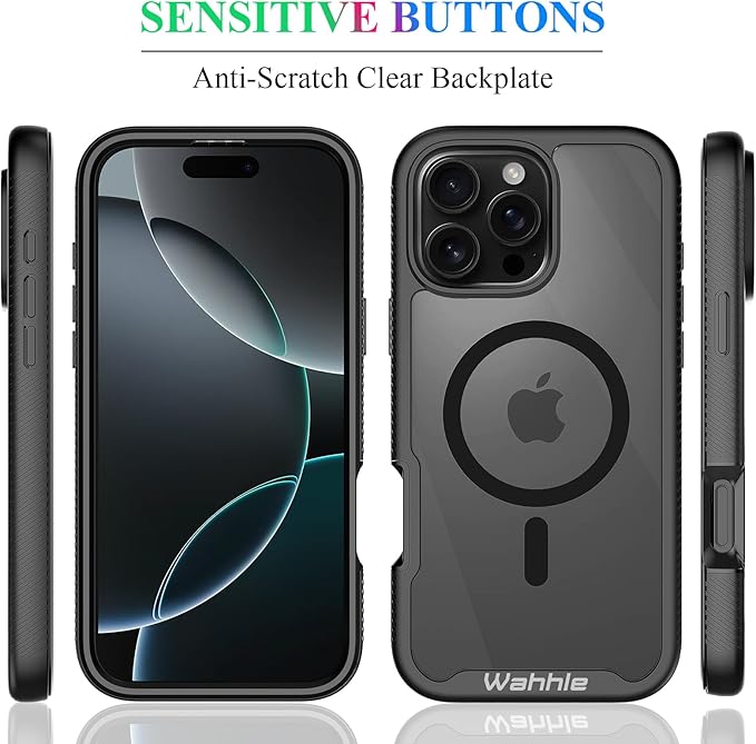 wahhle Compatible with iPhone 16 Pro Case, Magnetic Built in Screen Protector Full Body Shockproof Slim Fit Bumper Protective Phone Cover 6.3'' Men Women-Black/Clear