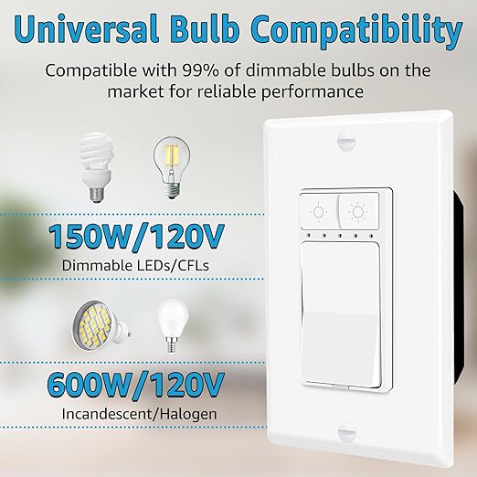 3 Pack Single Pole Dimmer Light Switch, Neutral Wire Required, Work with LED/CFL (150W Max) & Halogen/Incandescent (600W Max), 5 Brightness Levels, ETL/FCC Certified
