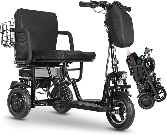 3-Wheel Foldable Mobility Scooter for Adults and Seniors, 300 lbs Capacity, Long-Range Lithium Battery, Lightweight with Basket