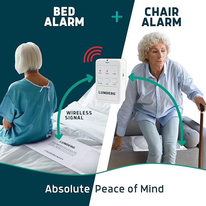 Lunderg Wireless Bed and Chair Alarm Set Early-Alert Pad and Pager for Seniors
