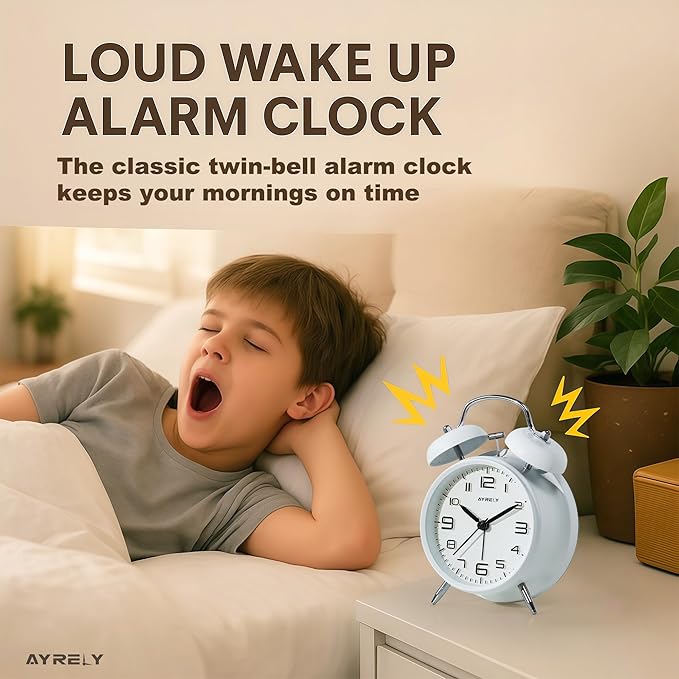 AYRELY® Super Loud Twin Bell Alarm Clock for Heavy Sleepers Adults, 4-Inch Retro Silent Non-Ticking with Night-Light, 3D Raised Number Dial, Battery Operated for Bedroom Bedside (3D Dial – White)