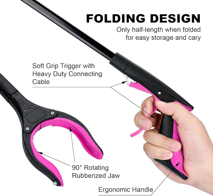 2-Pack 32" Grabber Reacher Tool, 360° Rotating Head, Wide Jaw, Foldable Reacher Grabber Pickup Tool,Anti-Slip Rotating Jaw with Magnet, 4" Wide Claw Opening Grabbers for Seniors (Purple)