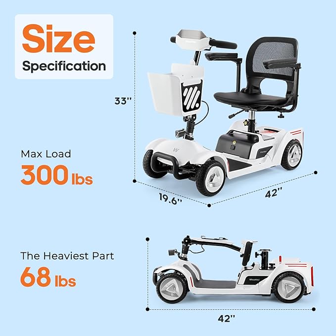 Foldable Mobility Scooter for Seniors & Adults - 4 Wheel Travel Scooter with NFC Smart Unlock, 15 Mile Range, 300 lbs Capacity, Compact Heavy Duty Mobile with Removable Battery & Basket, White