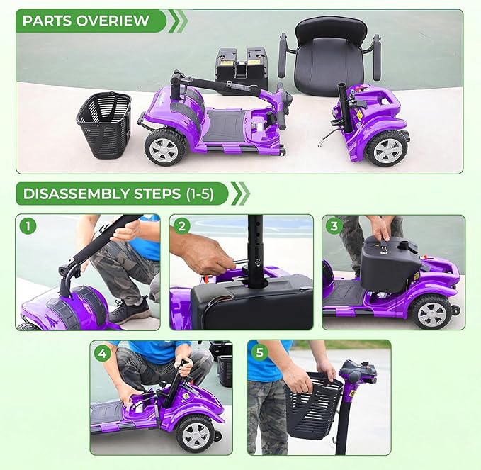Mobility Scooter for Adults, 4 Wheels Lightweight Scooter, Foldable Mobility Scooter Long Range for Travel, Adults, Elderly, Supports 300 lbs, Powered Wheelchair with Charger & Basket (Purple)