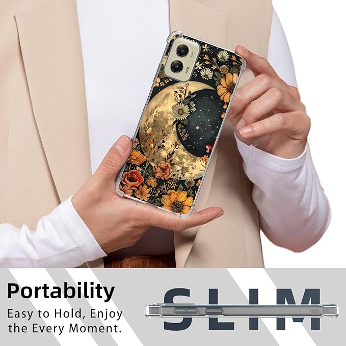 for Motorola G Stylus 5G 2024 Clear Phone Case, Lightweight Transparent TPU, Floral Moon Shockproof Four Corner Anti-Fall Case 6.7" for Moto G Stylus 5G 2024, Screen Protector Film