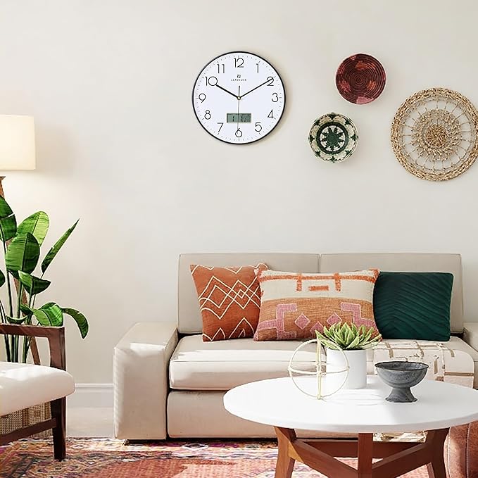 Lafocuse 12 Inch Silent Analog Wall Clock with LCD Display for Calendar and Temperature, Digital Black Wall Clocks with Date and Day Battery Operated Clock for Living Room Bedroom Office