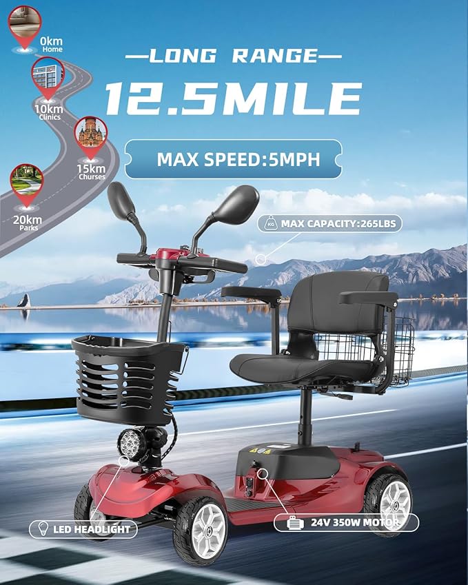 4 Wheel Mobility Scooter for Adults, All-Terrain Portable Electric Scooter, Folding Mobility Scooter with Adjustable Seat, 350W Motor, 12.5 Miles Range, Max Speed 5 Mph (Red)