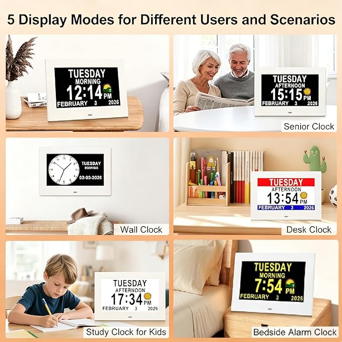 KASTISS Dementia Digital Clock for Seniors 7" Large Display Clock with Day and Date for Elderly Easy to Use 15 Alarms 5 Colors Auto Dimmable Alarm Clock for Bedroom Classroom Senior Gifts (White)