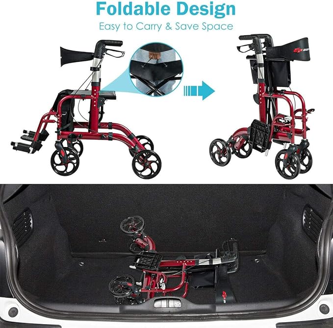 GOPLUS 2 in 1 Rollator Walkers for Seniors, Folding Rollator Walker with Seat, 8-inch Wheel Medical Drive Walker Wheelchair Combo with Backrest, Adjustable Handle for Adults, Aluminium Frame