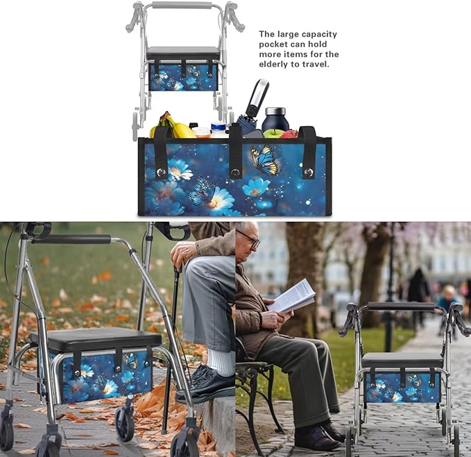 3-Piece Walker Seat Cover & Storage Bag Set, Blue Butterfly Rollator Walker Accessories for Elderly, Padded Universal Fit Seat Cover with Storage Pouch, Easy Insall Basket