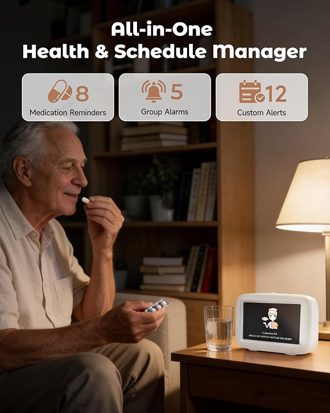 PILSAMAS Talking Clock for Seniors with 8 Medication Pill Reminders, Big Digit, 12 Custom Event Alerts, 5 Aalrams & Auto DST, Bedside & Desk Alarm Clock for Blind, Visually Impaired, Elderly, Dementia