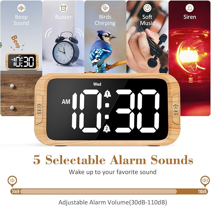 Odokee Digital Dual Alarm Clock for Bedroom, 0-100% Dimmer, Weekday/Weekend Mode, Easy to Set, USB Charger, Adjustable Alarm Volume with 5 Alarm Sounds, Snooze, 12/24Hr, Battery Backup (Wood Grain)