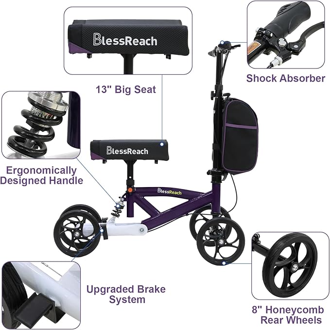 BlessReach Steerable Knee Walker Deluxe Medical Scooter for Foot Injuries Compact Crutches, with Dual Rear on-Wheel Brake and Shock Absorption Under The Knee pad