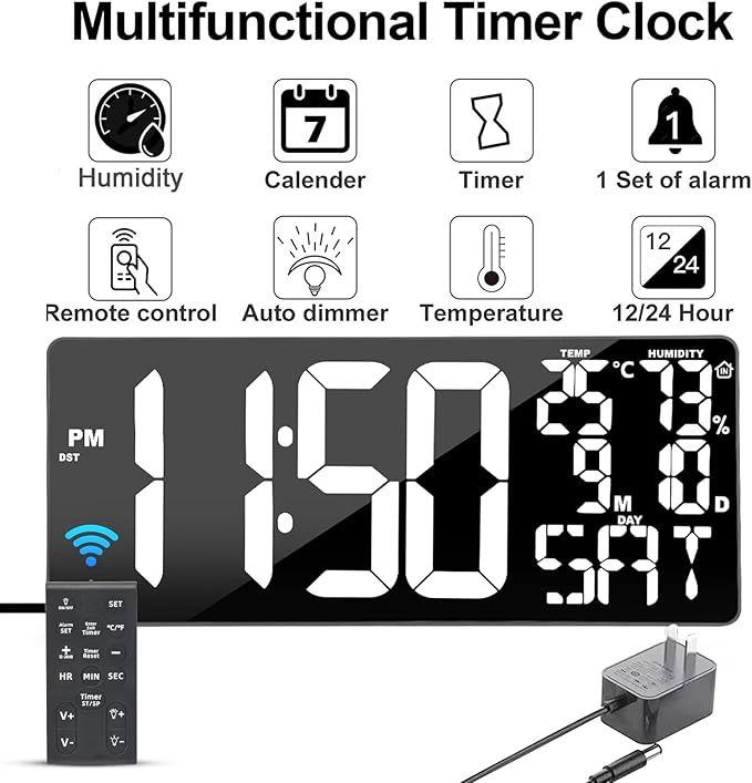 18 Inch Oversized Digital Wall Clock with Remote Control, Auto-Dimming, Temperature, Date/Day of Week, Large Display, Multi-Functional, White