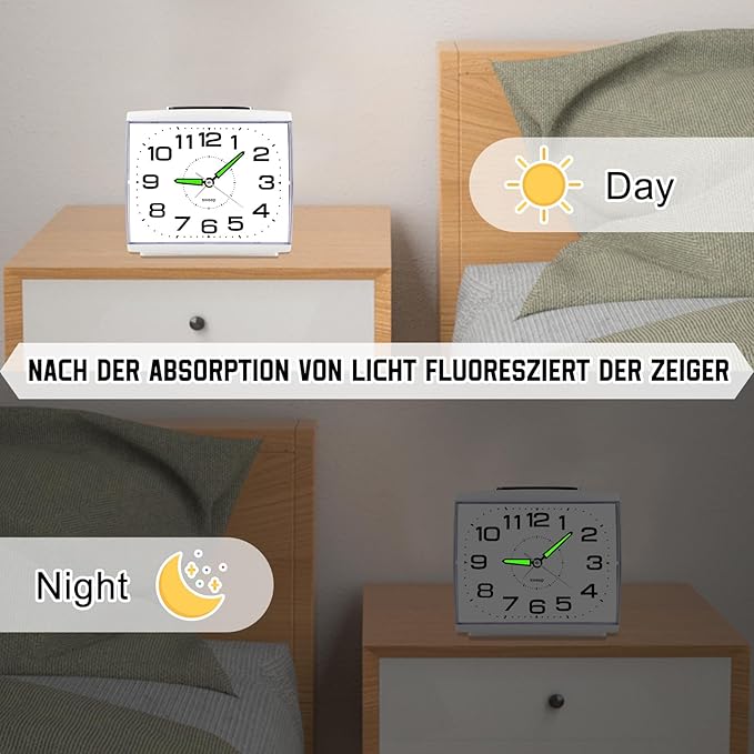 DTKID Large Alarm Clock for Bedside, Silent Non-Ticking Analog Clock with Night Light, Battery Powered, Gradually Increasing Alarm for Heavy Sleepers, Seniors