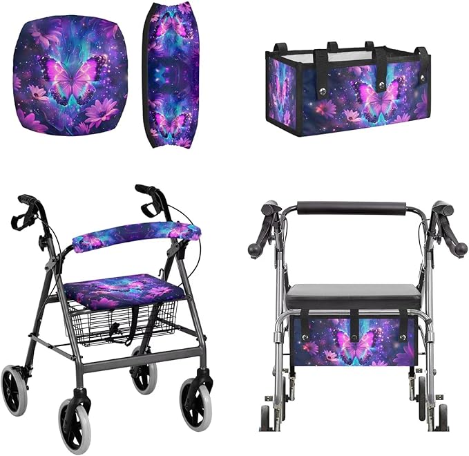 3 Pcs Sets Rollator Walker Accessories Purple Butterfly Walker Seat Cover Rollator Walker Seat & Backrest Covers, Rollator Storage Under Seat Bag