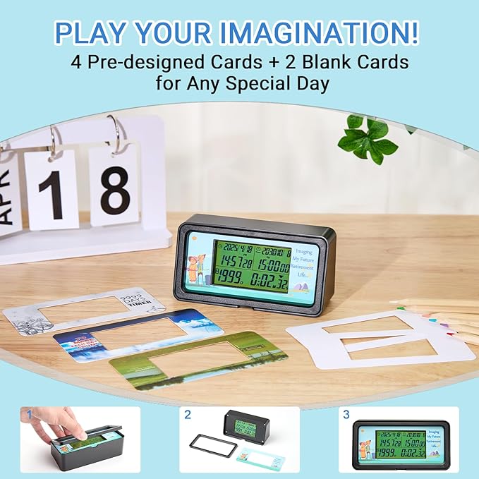 AIMILAR 1999 Days Countdown Timer - Digital Countdown Clock for Retirement & Events with Backlight, Alarm Functuon, Dual Time Display, Customizable Cards
