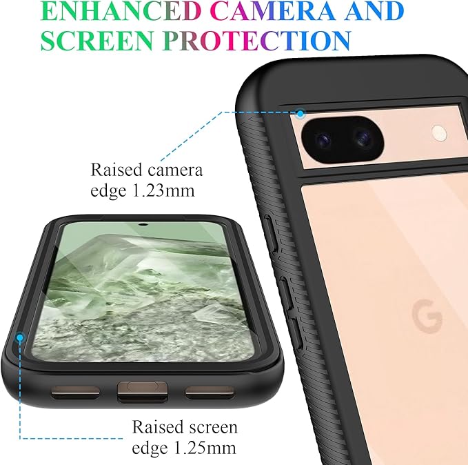 wahhle Compatible with Google Pixel 8A Case, Built in Screen Protector Full Body Shockproof Slim Fit Bumper Protective Phone Cover for Pixel 8A Men Women-Black/Clear