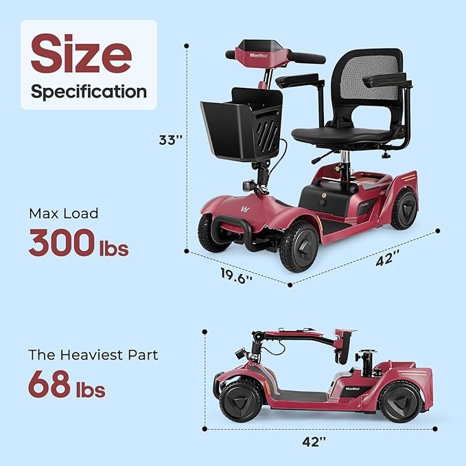 NFC One-Touch Keyless Unlock 4-Wheel Foldable Mobility Scooter for Seniors & Adults, 15 Mile Range, 3.7 MPH, Removable Battery, Digital Display, 300 lb Capacity, Red