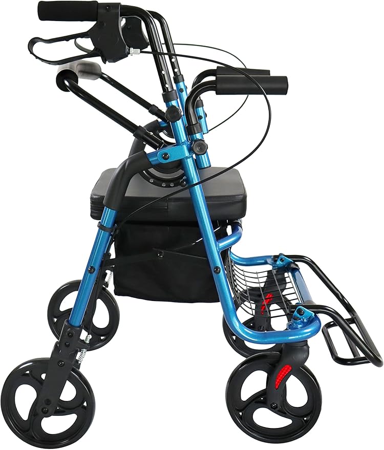KMINA 2 in 1 Rollator Walker Wheelchair Combo for Smooth Terrain, Foldable Aluminum Rollator with Footrests and Pressure Brakes, Convertible to a Transport Chair, Blue