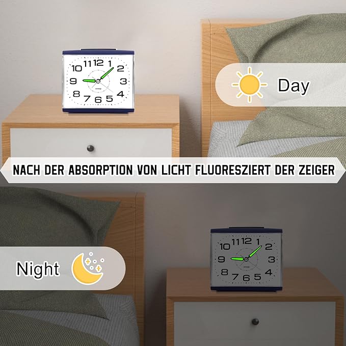 DTKID Large Alarm Clock for Bedside, Silent Non-Ticking Analog Clock with Night Light, Battery Powered, Gradually Increasing Alarm for Heavy Sleepers, Seniors