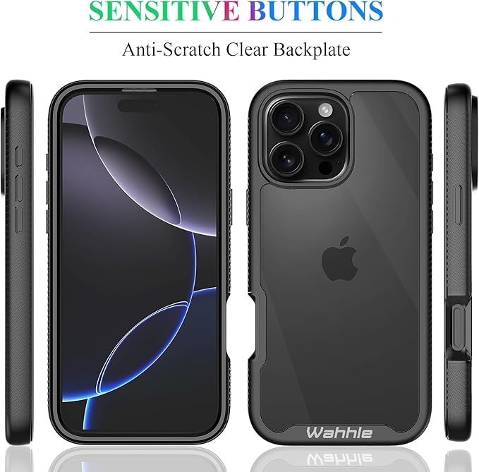 wahhle Compatible with iPhone 16 Pro Max Case, Built in Screen Protector Full Body Shockproof Slim Fit Bumper Protective Phone Cover 6.9'' Men Women-Black/Clear