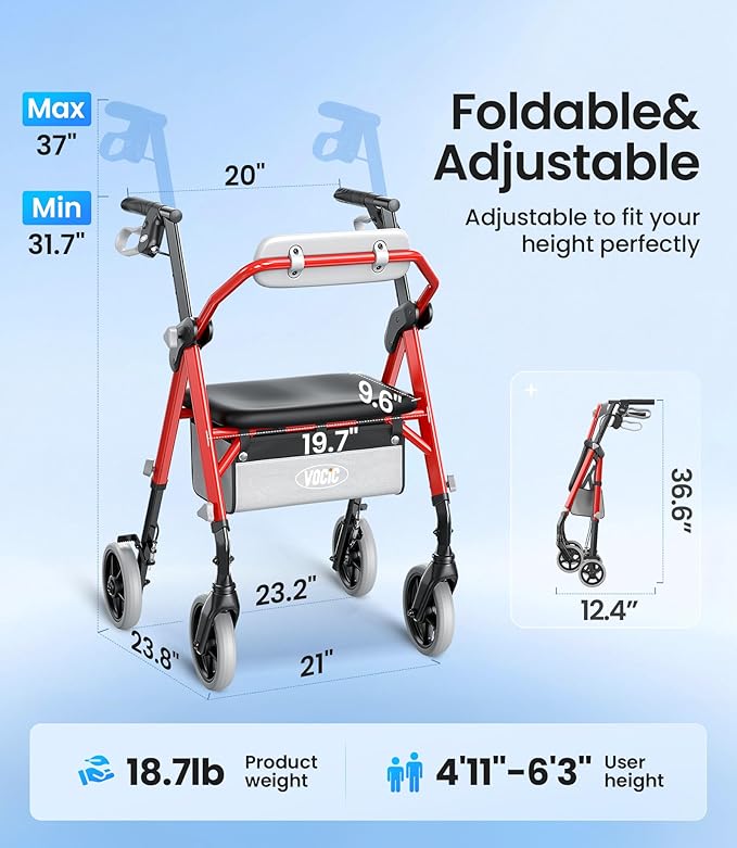 Walker for Seniors, 380lb Capacity, Walker with Seat & Backrest, All-Terrain Wheels, Adjustable Height, Foldable Compact Design