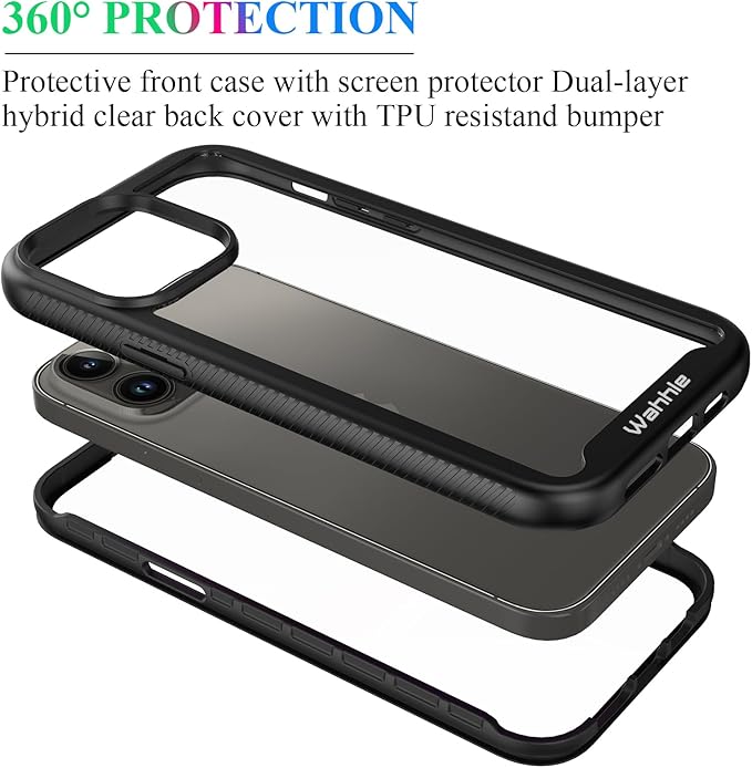 wahhle Compatible with iPhone 13 Pro Max Case, Built in Screen Protector Full Body Shockproof Slim Fit Bumper Protective Phone Cover 6.7'' Men Women-Black/Clear